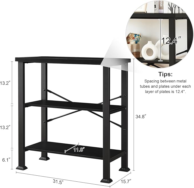 HOMBAZAAR 3 Tier Bookshelf,Black Industrial Book Shelf,Engineered Wood and Metal Deep Bookcases,Low Shelf Bookcase for Living Room,Office,Bedroom and Kitchen