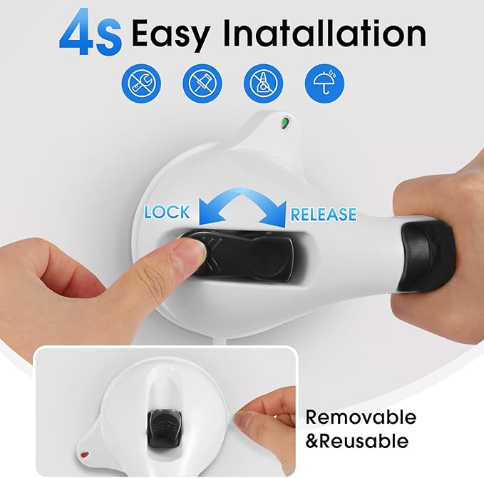 Suction Grab Bar with Safety Indicator for Bathtub Shower Bathroom, Heavy Duty Handrail Removable Reusable for Elderly disabled and Kids, Anti-Slip Grip, No Drilling Tool Free, Waterproof Black