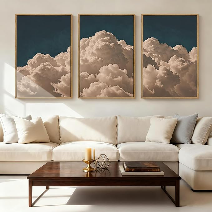IARTTOP Large Cloud Canvas Wall Art Framed 16x24 Inch Navy Blue Cloud Painting Set of 3 Modern Abstract Sky Landscape Wall Decor For Living Room Bedroom Office