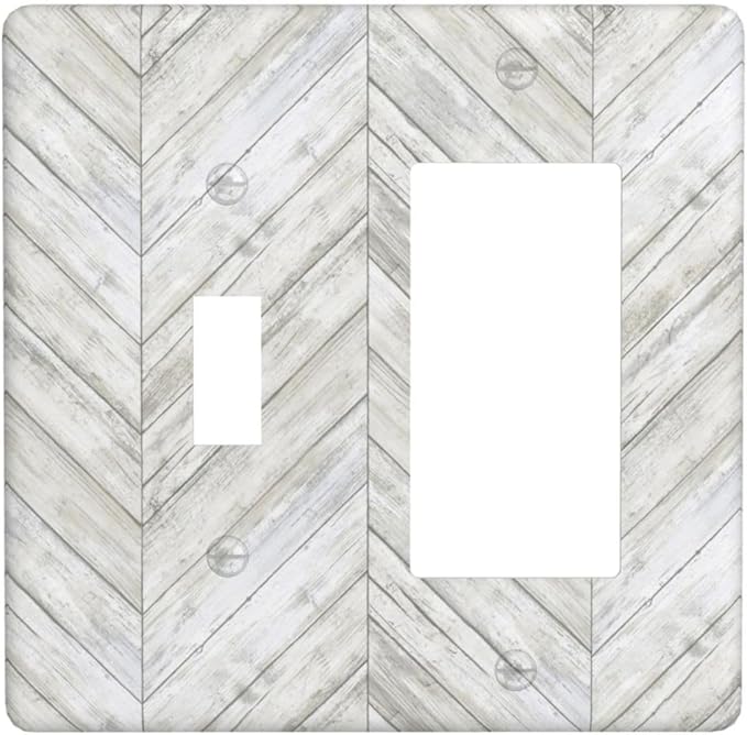Rustic White Gray Herringbone Wood 2 Gang Single Toggle Rocker Combination Light Switch Cover Vintage Country Decorative Wall Plate Cover Electrical Faceplate Switchplate for Farmhouse Bedroom Decor