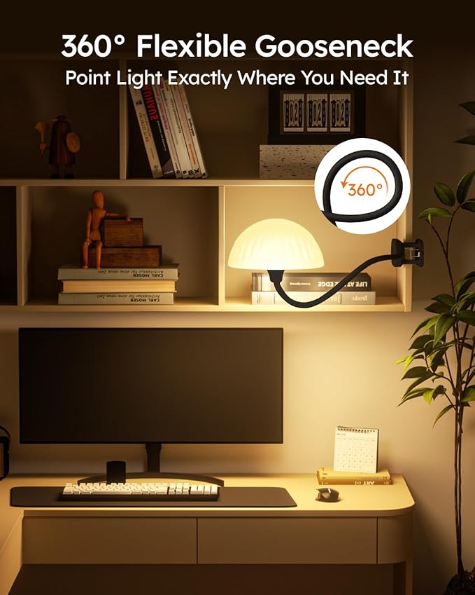 Cordless Clip On Lamp, Touch Control Desk Lamp with RGB Ambient Mode & 3000K–6000K, Rechargeable Dimmable Book Reading Light with Flexible Arm Sturdy Clamp On Table Bedside Headboard, Battery Operated