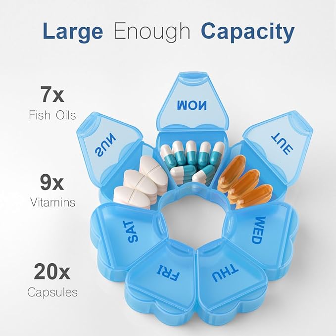 Large Weekly Pill Organizer, Pill Box 7 Day, KAPENS Daily Vitamin Case Large Capacity Compartments, Pill Containers for Fish Oil Medicine Supplements, Blue