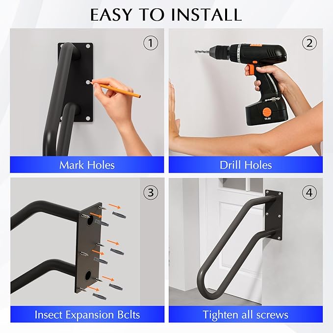 Hand Rails for Outdoor 1-2 Steps, Indoor Stairs, Bathroom, Wall Mount Non-Slip U-Shape Stair Hand Railing Black 1 Pack