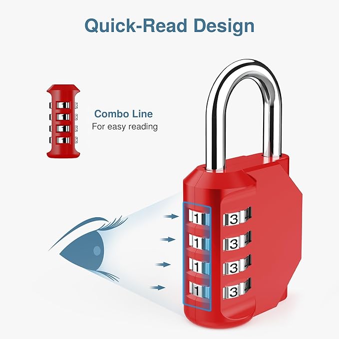 Puroma 4 Pack Combination Lock for Locker 4 Digit Outdoor Waterproof Padlock for School, Gym, Sports, Fence, Toolbox, Gate, Case, Outdoor, Hasp Storage, Cabinets (Red)