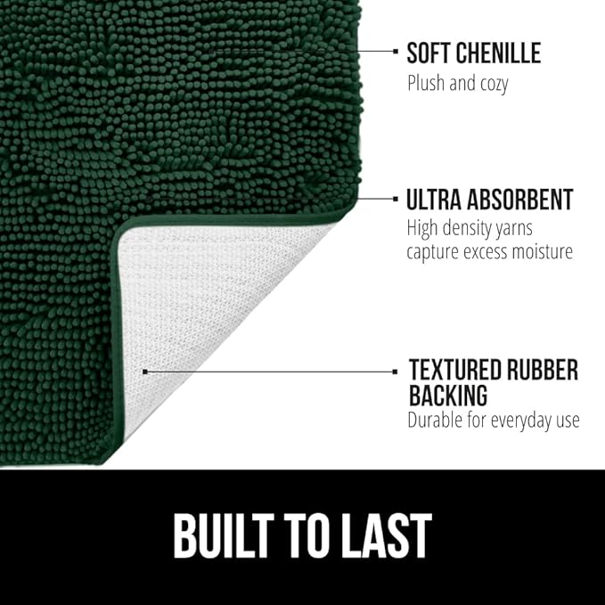 GORILLA GRIP Plush Absorbent Shaggy Chenille Bath Rug Mat for Square Toilet Base with Rubber Backing, Machine Washable Rugs, Soft Microfiber Contour Mats for Toilets, Bathroom Decor, Hunter