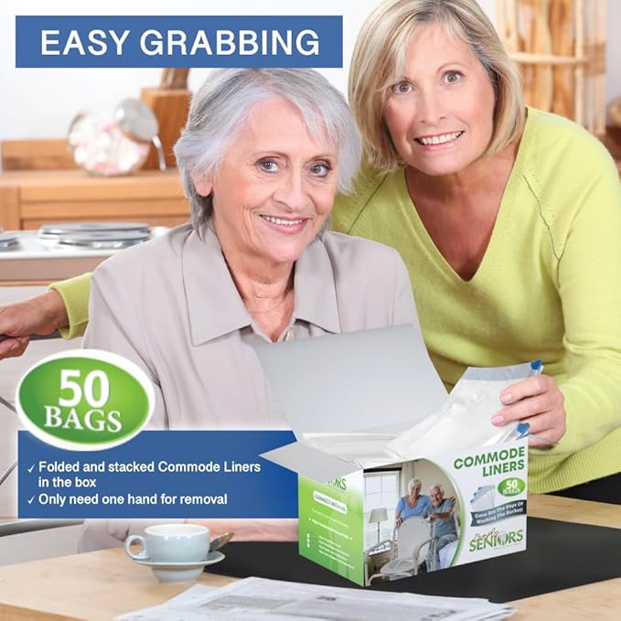 Commode Liners - 50 Strong Portable Toilet Bags - Easy to Use Bedside Commode Liners Disposable - Toilet Liners That Support Dignity of Seniors & Disabled - No More Buckets to Wash - NO Absorbent Pad