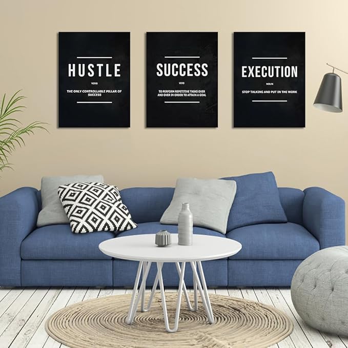 Unbruvo Hustle Success Execution Wall Art for Office, Inspirational Motivational Wall Decor, 3 Pieces Positive Quotes Canvas Wall Art for Entrepreneur Living Room Bedroom(72''Wx 36''H)