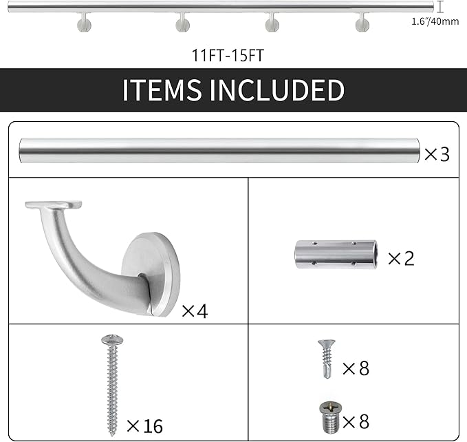 14 FT Modern Aluminum Handrail Set, handrails for Indoor Stairs,Deck,Slope, Wall Mounted Staircase handrails, Zink Alloy Brackets Included,Rust Free. (Anodized Silver, 14 FT)