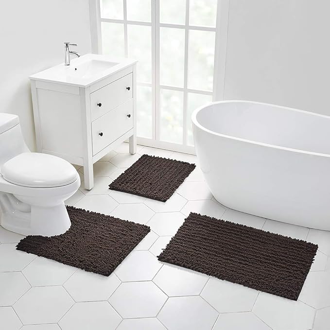 Walensee Bathroom Contour Rug Non Slip Toilet U Shaped Bath Mat (20x24, Brown) Water Absorbent Super Soft Shaggy Chenille Machine Washable Dry Extra Thick Perfect Absorbant Best Plush Carpet