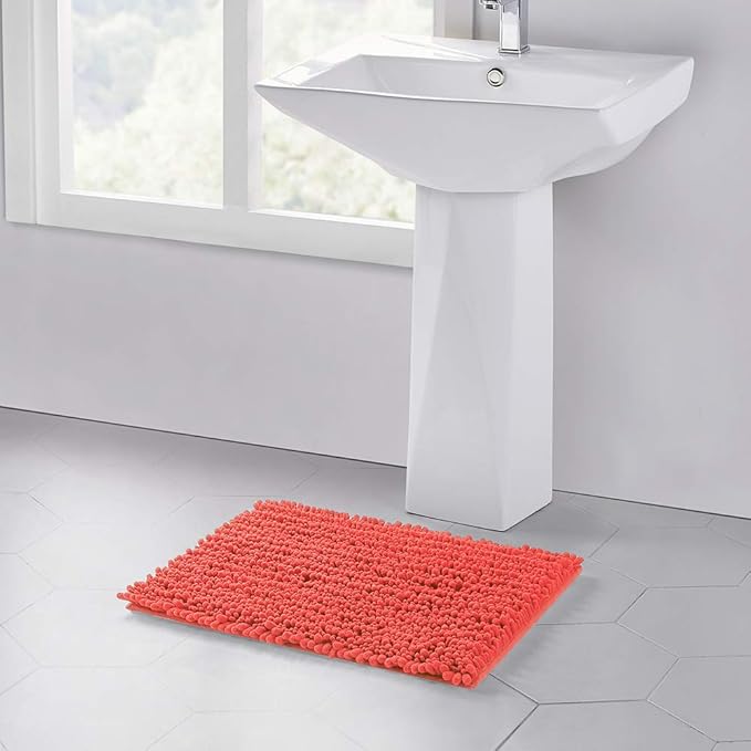 Walensee Bathroom Rug Non Slip Bath Mat (32x20 Inch Coral) Water Absorbent Super Soft Shaggy Chenille Machine Washable Dry Extra Thick Perfect Absorbant Best Large Plush Carpet for Shower Floor
