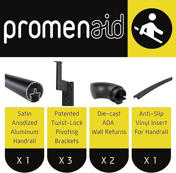 Promenaid 8ft ADA Handrail Kit - Black - Complete Indoor/Outdoor Handrail for Stairs - 1.6" Round Anodized Aluminum Railing with 4 Satin Black Painted Pivoting Brackets & ADA Wall Returns