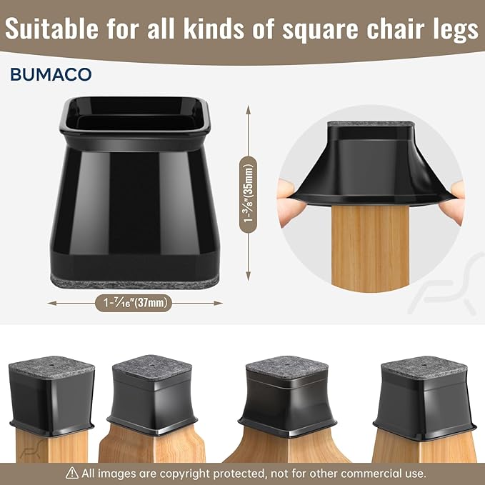 BUMACO Chair Leg Floor Protectors Square Chair Leg Protectors for Hardwood Floors 40Pcs Silicone Covers to Protect Floors Square (Black-L Fit 1-1/16" to 1-5/8")
