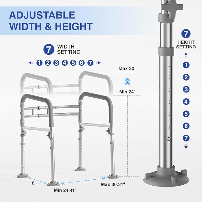 Foldable Toilet Safety Rails for Seniors - Adjustable Toilet Safety Frame & Toilet Handles for Elderly & Disabled, Fits Most Toilets, 350lb Capacity, Gray