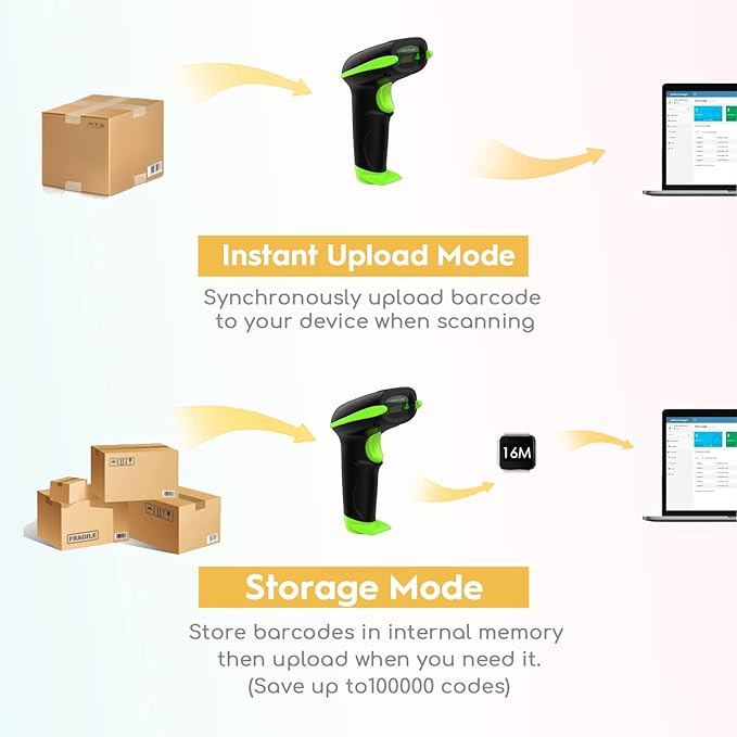 NADAMOO Wireless Barcode Scanner 328 Feet Transmission Distance USB Cordless 1D Laser Automatic Barcode Reader Handhold Bar Code Scanner with USB Receiver for Store, Supermarket, Warehouse - Green