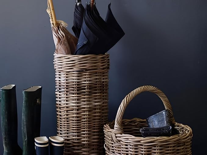 PFLife: Wicker Umbrella Stand Indoor, Umbrella Holder for Entryway, Natural & Handmade Rattan Umbrella Stand for Storing Umbrellas, Walking Sticks & Walking Canes, Drip Tray, Mudroom