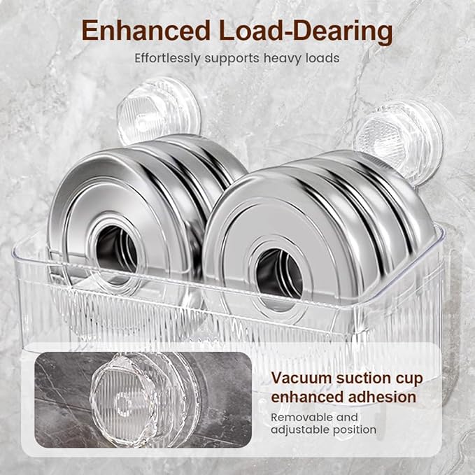 No-Drill Bathroom Suction Storage Box, Corrugated Suction Cup Wall Organizer, Removable Hanging Storage Basket with Strong Hold, Acrylic Shower Caddy for Bathroom (Grey L)