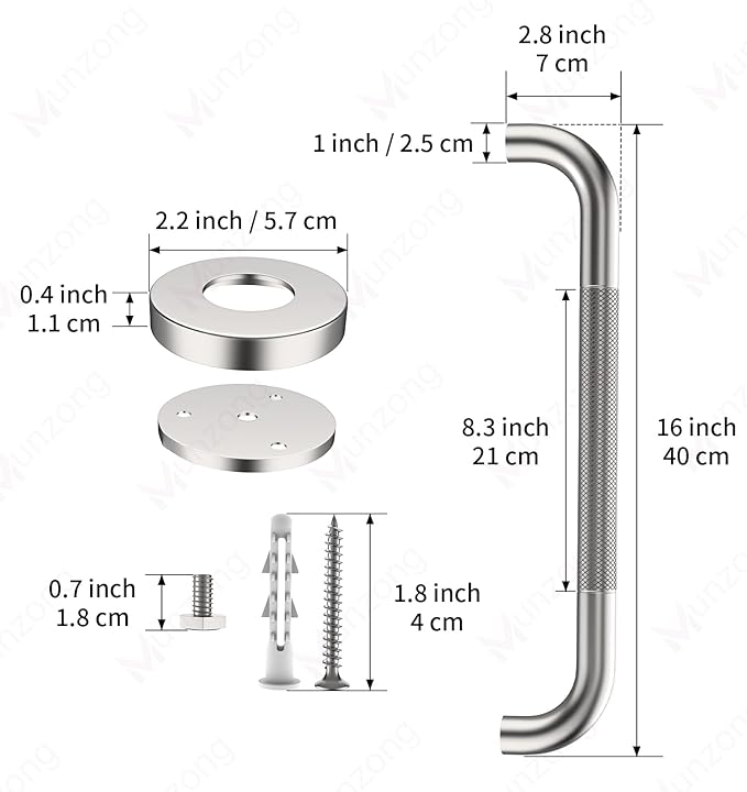 16 Inch Anti Slip Shower Grab Bar,Munzong 2 Pack Handicap Grab Bars,Brushed Nickel Knurled Bathroom Balance Bar,Safety Hand Rail Support Elderly Senior Bath Handle