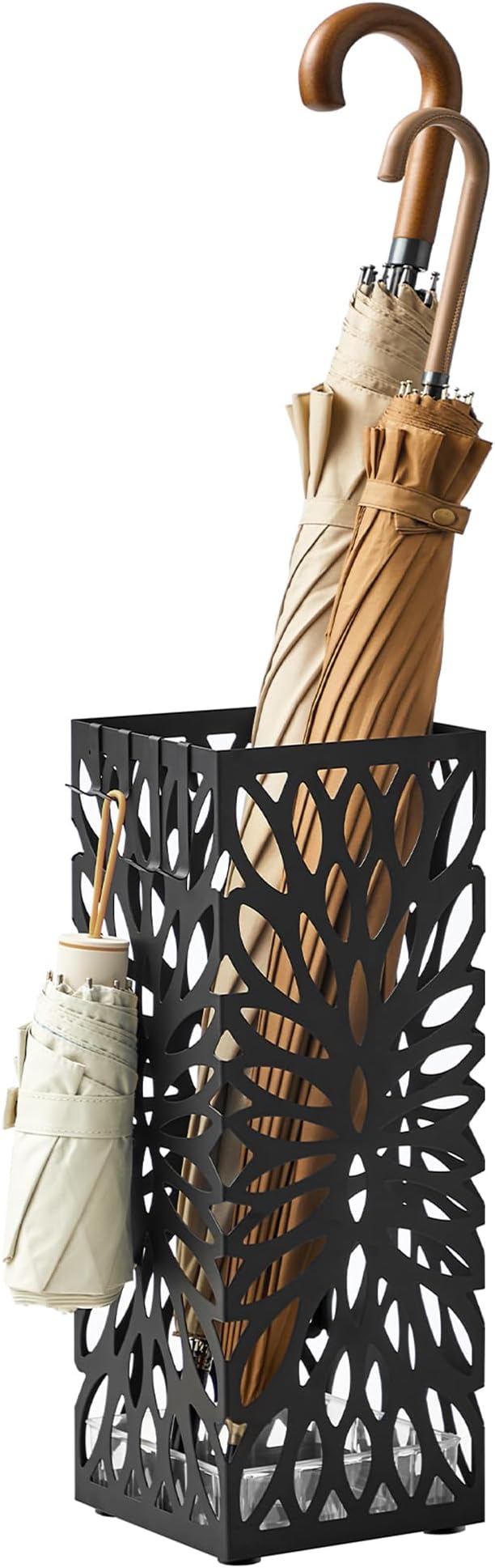 SONGMICS Umbrella Stand, Umbrella Holder for Entryway, Steel Square Umbrella Rack Organizer Freestanding, for Canes Walking Sticks, with a Detachable Drip Tray, 4 Hooks, Black ULUC026B33