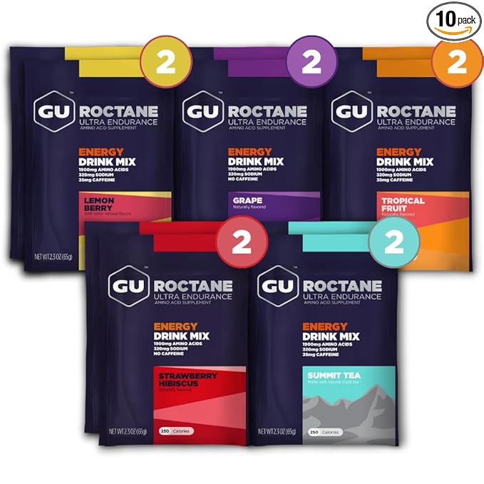 GU Energy Roctane Ultra Endurance Energy Drink Mix, Vegan, Gluten-Free, Kosher, Caffeine- Free, and Dairy-Free n-the-Go Energy for Any Workout, Assorted Flavors, 10 Single Serve Travel Size Packets