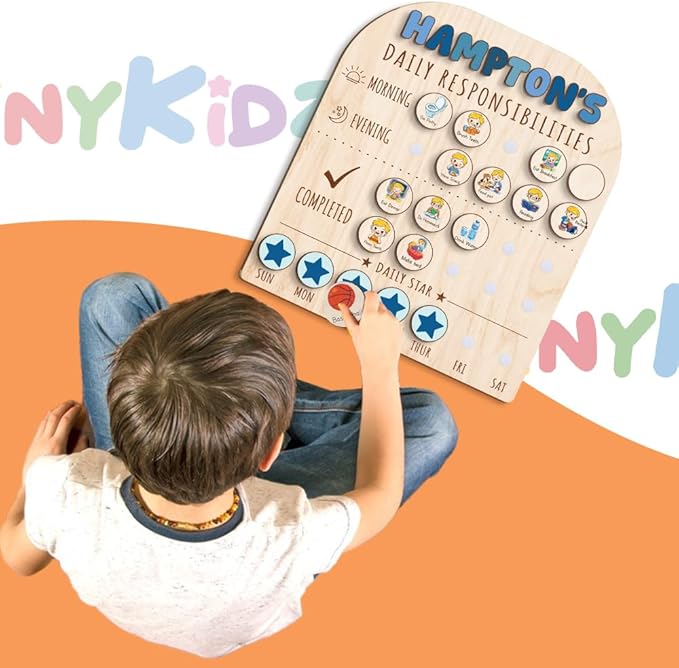 Personalized Wooden Chore Chart for Kids 15x17", Visual Schedule, Routine Chart for Kids, Morning Bedtime Routine Chart for Toddlers Ages 2-4, Daily Kids Schedule Board for Home (12)