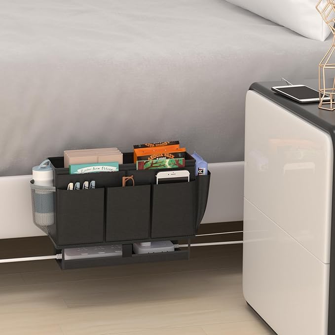 Bedside Caddy, Bed Organizer with 11 Pockets and Power Strip Holder,Versatile Bedside Storage Caddy for Home,Dorm,Bunk,Hospital,Crib Bed (2 Pack Black)