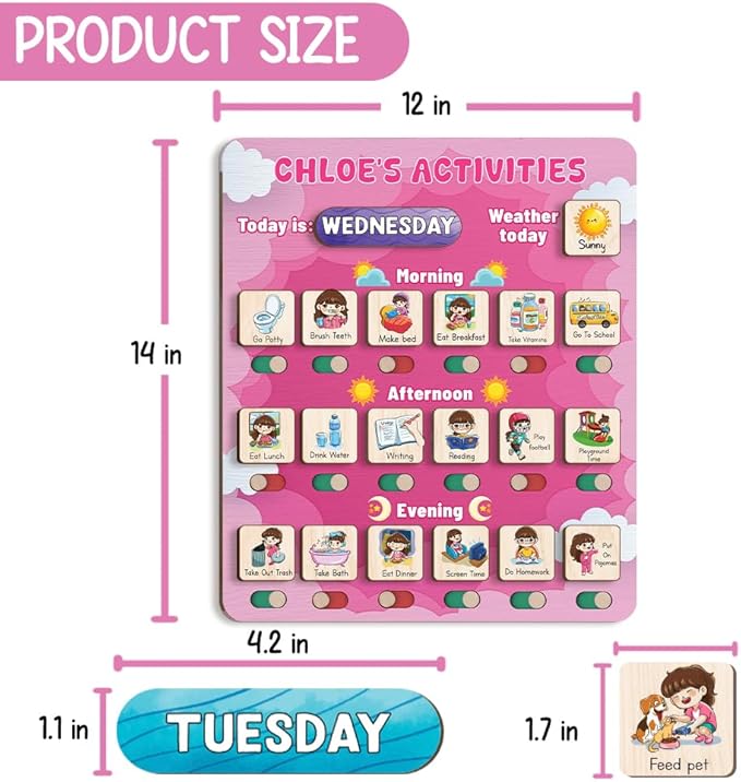 Personalized Wooden Daily Routine Chart 12x14", Visual Schedule, Daily Responsibilities for Kids, Morning Bedtime Routine Chart for Toddlers (10)