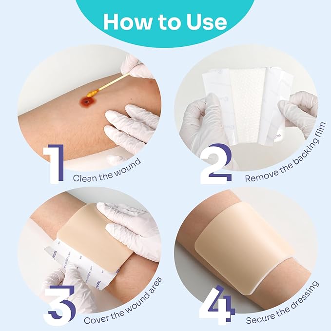 Conkote Silicone Adhesive Foam Dressing Without Border for 5 Pack, 4"x4" Highly Absorbent Wound Dressings for Post-Operative, Pressure Ulcers, Diabetic Foot Ulcers, Venous Leg Ulcers