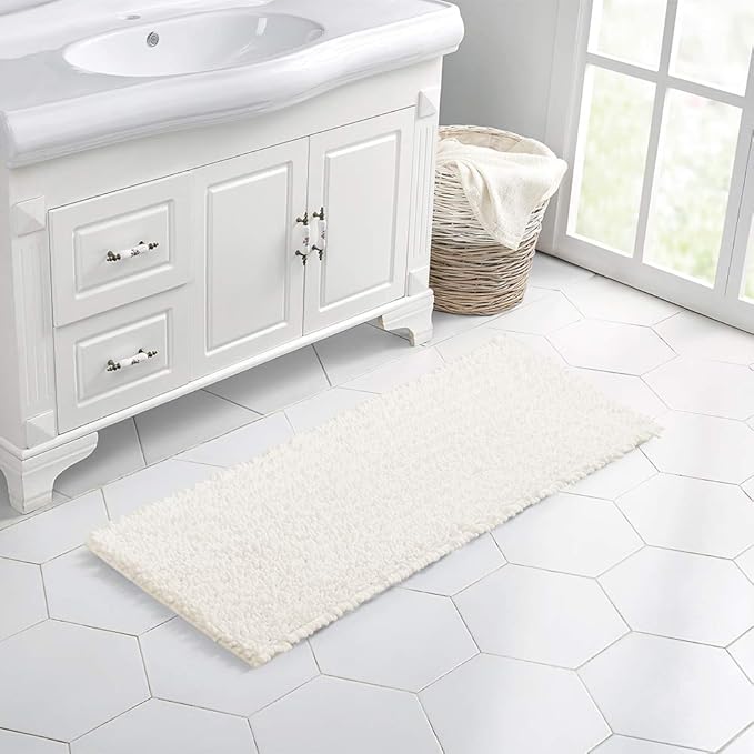 Walensee Bathroom Rug Non Slip Bath Mat (44x24 Inch Ivory) Water Absorbent Super Soft Shaggy Chenille Machine Washable Dry Extra Thick Perfect Absorbant Best Large Plush Carpet for Shower Floor