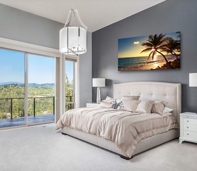 Muolunna S04962 Wall Art Decor Large Canvas Print Picture Sunset Ocean Beach Waves 1 Panel Coconut tree Scenery Painting Artwork for Office Home Decoration Stretched and Framed Ready to Hang XLarge