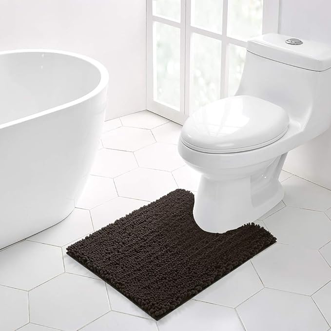 Walensee Bathroom Contour Rug Non Slip Toilet U Shaped Bath Mat (20x24, Brown) Water Absorbent Super Soft Shaggy Chenille Machine Washable Dry Extra Thick Perfect Absorbant Best Plush Carpet