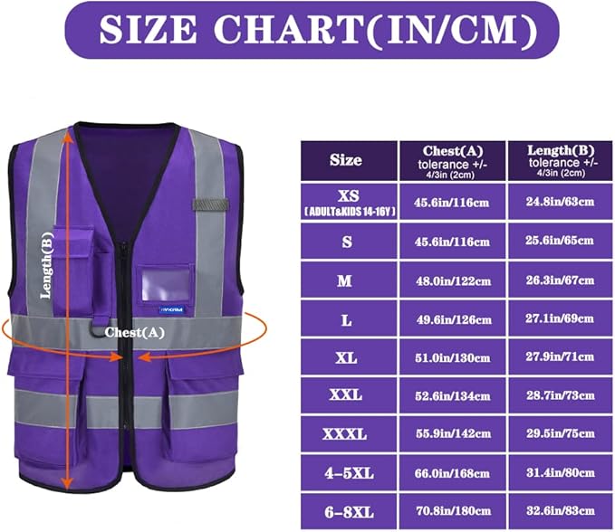A-SAFETY XSmall Purple High Visibility Safety Vest with 4 Reflective Strips 7 Pockets,X-Small