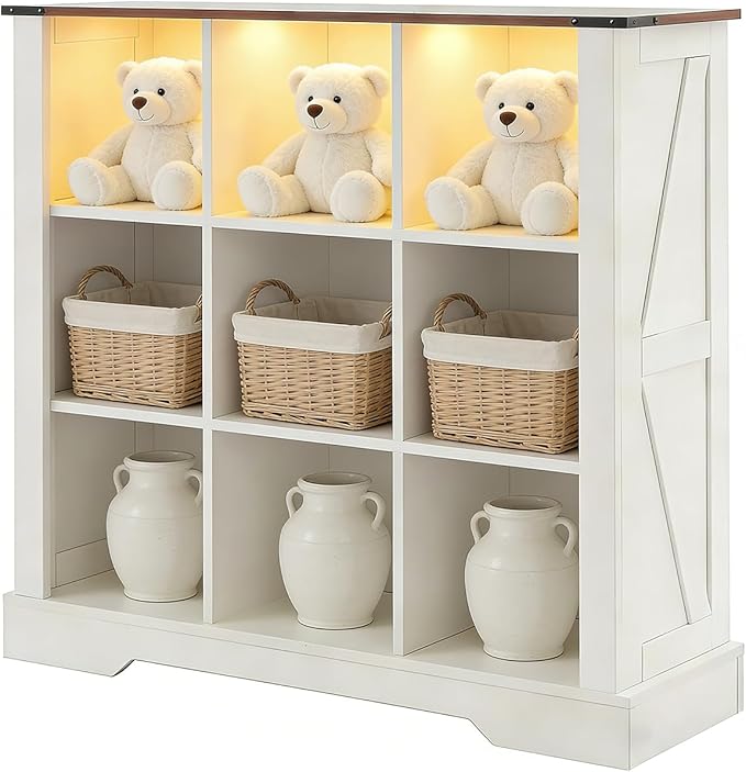 9 Cube Bookcase, Wooden Cube Storage Organizer Shelf, White Horizontal Book Shelf with LED Lights, Freestanding Display Cabinet for Living Room, Hallway TV Stand for Entryway
