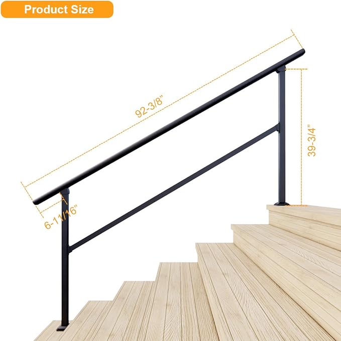 DIYHD 7 Step Handrail for Outdoor,Powder Coated Iron Stair Railing,Black Hand Rails for Indoor, Porch,Deck,2 Pack