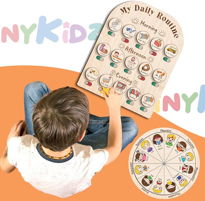 Personalized Wooden Daily Routine with Emotion Wheel, Daily Chore Chart for Kids, Behavior Chart at Home for Toddler, Visual Schedule with Feeling Wheel for Kids Boys Girls