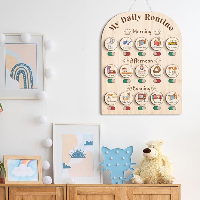 Daily Routine Chart for Kids, Visual Schedule, Routine Chart for Toddlers 3-5, Morning Bedtime Routine Chart for Toddlers, Wooden Chore Chart for Kids