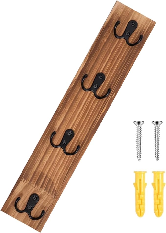 Key Holder Wall Mount, Solid Wood Organizer Shelf, Four Double Hooks, Vertical Entryway Storage for Keys, Mail, Leashes, Rustic Farmhouse Style Home Decor