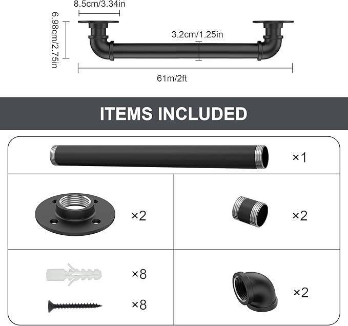 2FT Industrial Stair Railing Wall Mount Staircase Handrail φ1.3 Pipe Hand Rail for Steps Grab Bar Foot Rail Vintage Pipe Railing Black Deck Handrail for Outdoor Indoor Stairs Porch