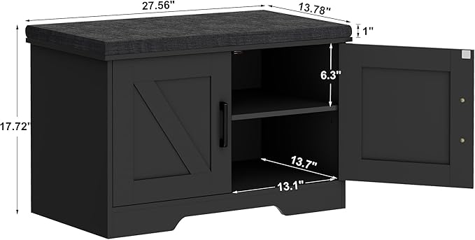 2-Tier Storage Bench, 27.6" Wide Shoe Bench with Padded Seat Cushion, Entryway Bench with 2 Barn Doors and Adjustable Shelf, Black
