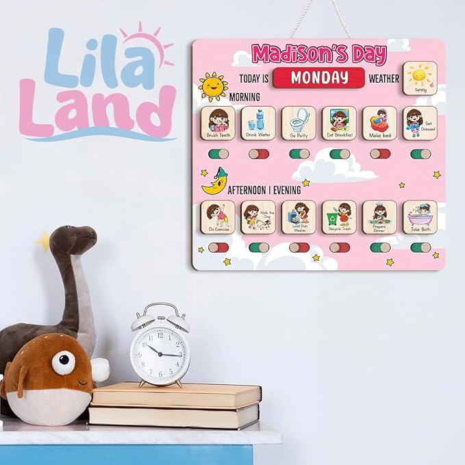 Personalized Wooden Chore Chart for Kids, Daily Routine Chart for Toddlers, Visual Schedule for Kids Age 3-5, Morning Bedtime Routine for Girls (03)