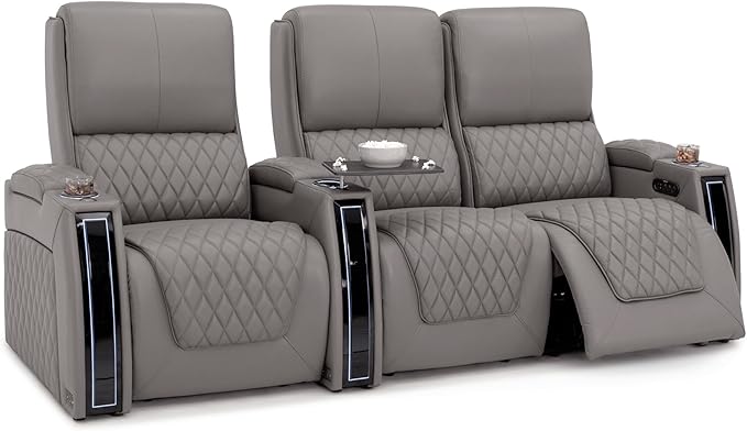 Seatcraft Apex Zero-Gravity CoolZero Italian Leather Home Theater Seating, Powered Headrest, Powered Lumbar, Powered Recline, Row of 3 Right Loveseat, Gray