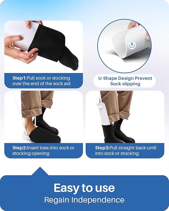 Jellas 4.6 Inch Wide Sock Aid Kit - Long Rope Assist Device for Seniors, Limited Mobility, Post-Surgery | No Bend Sock Helper & Remover | Easy On/Off Socks Tool (White)