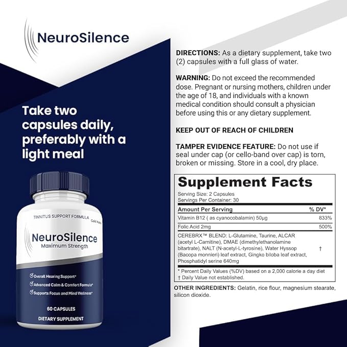 Neuro Silence Capsules, Maximum Strength Hearing and Brain Supplement, Advanced Premium Formula, NeuroSilence Pills (3 Pack)