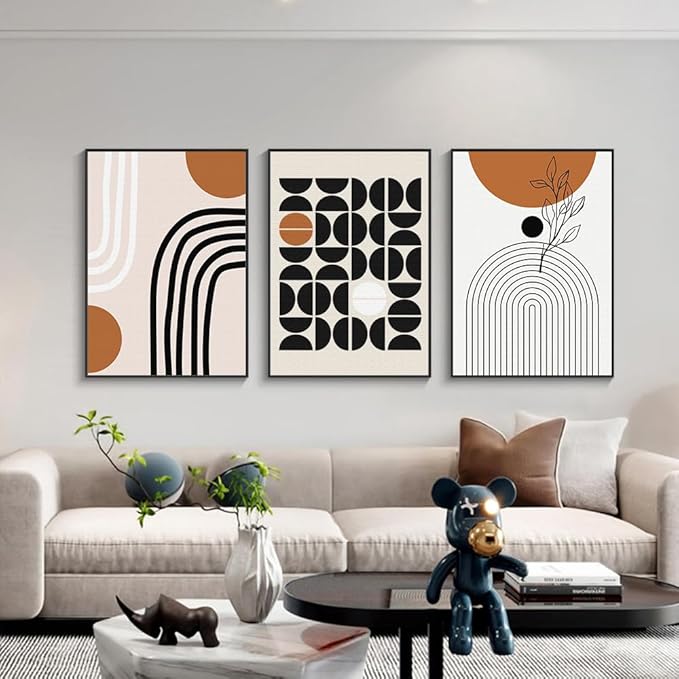 QKF Minimalist Canvas Wall Art Boho Black Brown Beige Line Geometric Abstract Modern Home Decorative Painting Bedroom Living Room Pictures Office Poster 3 Piece Set 16“X 24”