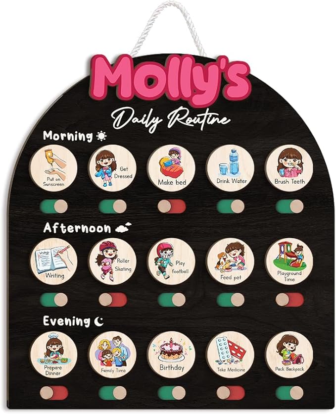 Personalized Wooden Chore Chart for Kids, Daily Routine Chart for Toddlers, Visual Schedule for Kids Age 3-5, Morning Bedtime Routine for Girls (08)