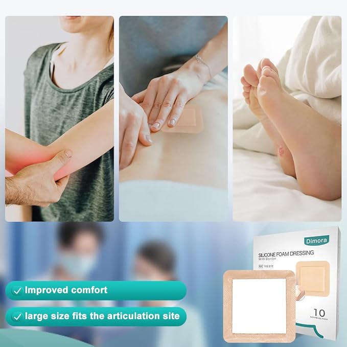 Dimora Silicone Foam Dressing with Border Adhesive 6"x6" Waterproof Wound Dressing Bandage for Wound Care 10 Pack