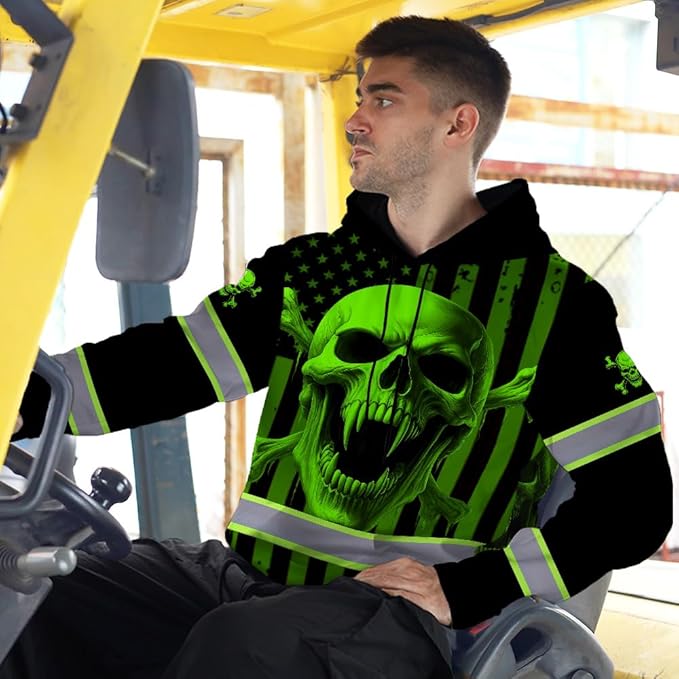 Matedecor Skull US Flag Reflective High Visibility Hoodie For Men Construction Hi Vis Safety Workwear Custom Name