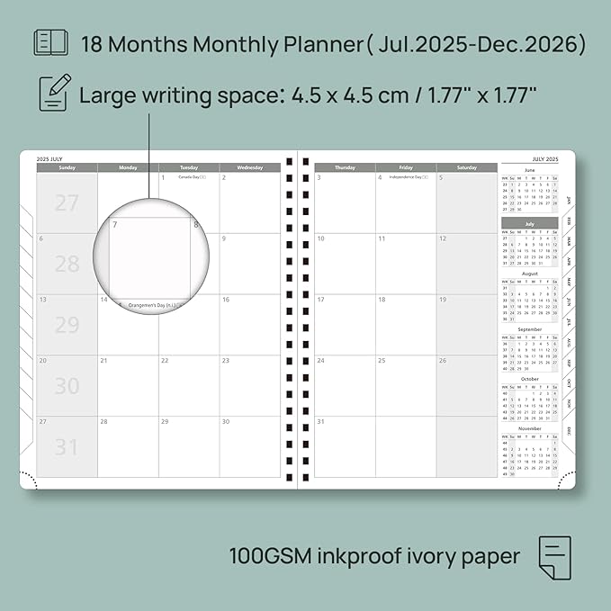 POPRUN Monthly Planner 2025-2026 Spiral Bound (8.5'' x 10.5'') 18 Months Calendar (Jul 2025 - Dec 2026) - 4 Pages per Month with Monthly Expense & Notes, Sunday Start, Leather Cover - Black