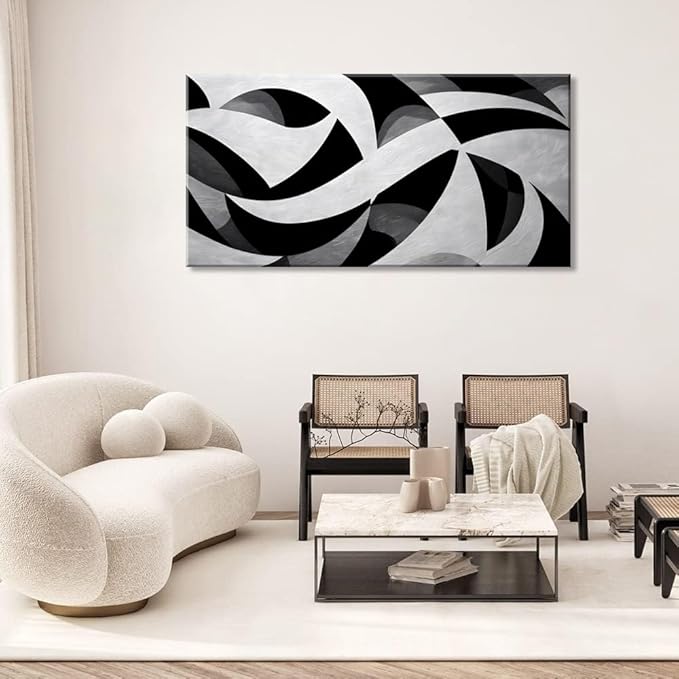 White and Black Abstract Cube Wall Art for Living Room Office Modern Pattern Grey Painting Prints Cool Canvas Artwork Over The Couch Bedroom Decor Large
