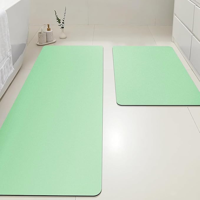 ACCUMTEK Ultra Thin Bath Mat, Upgrade Backing Non Slip Thin Bath Mats Fit Under Door, Quick Dry Ultra Absorbent Bathroom Rugs, Machine Washable Bath Rugs for Bathroom, Sage Green/Solid/24 x17+48"x20"