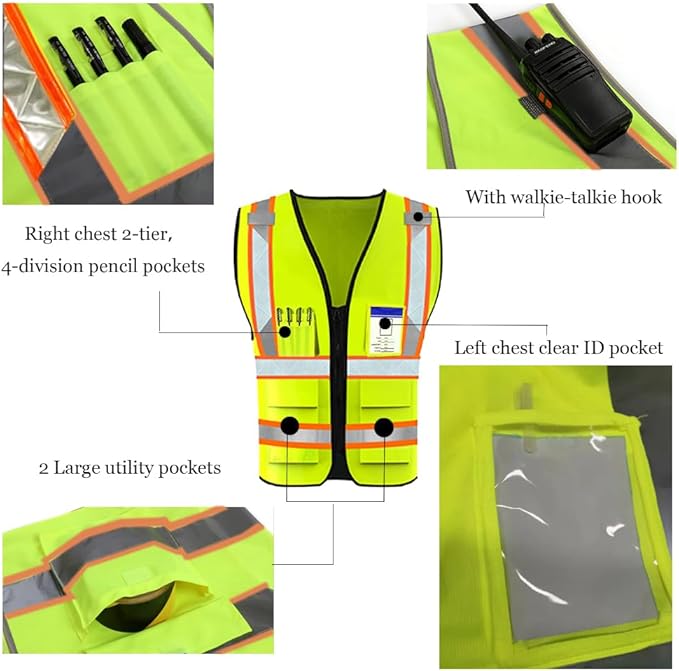 YOWESHOP High Reflective Visibility Safety Vest Custom Your Logo Safety Workwear with Reflective Strips and Pockets
